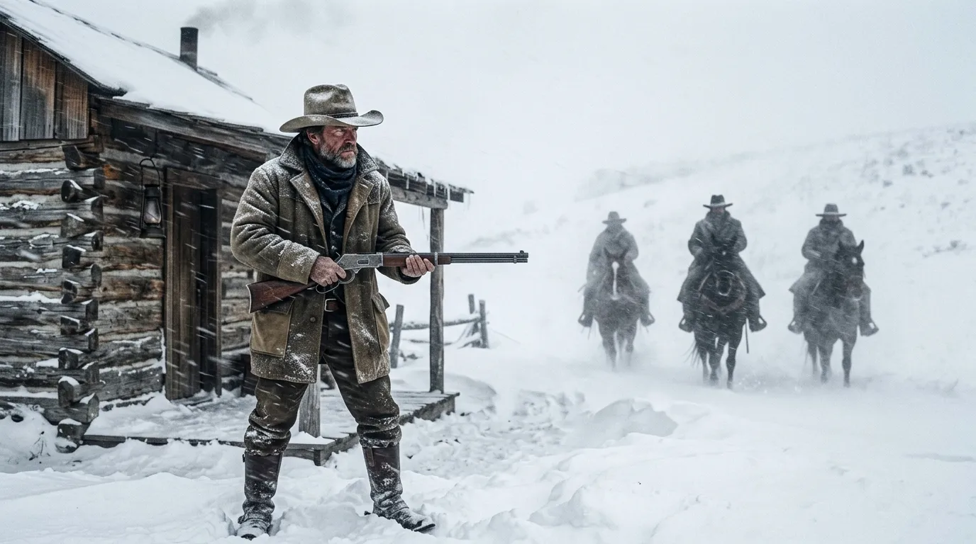 A rugged rancher standing in a blizzard holding a rifle, with three riders approaching in the distance.