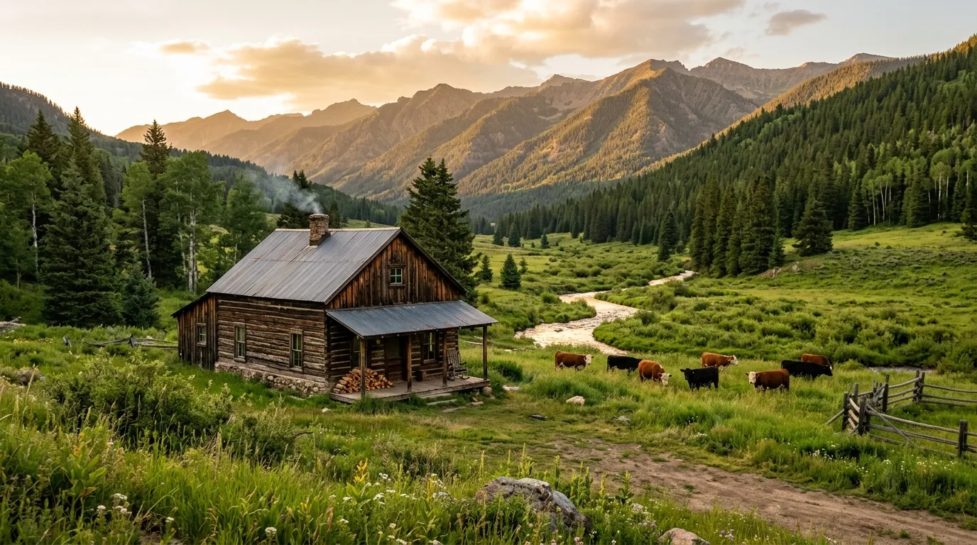 A sturdy wooden cabin nestled in a beautiful green valley with pine-covered mountains in the background.