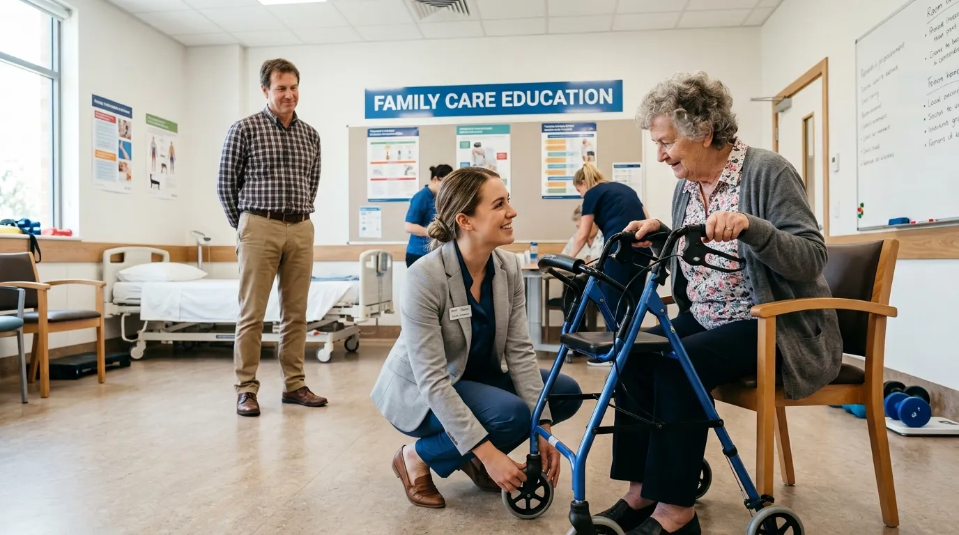 Bright modern hospital training room with a young woman helping an elderly patient use a walker