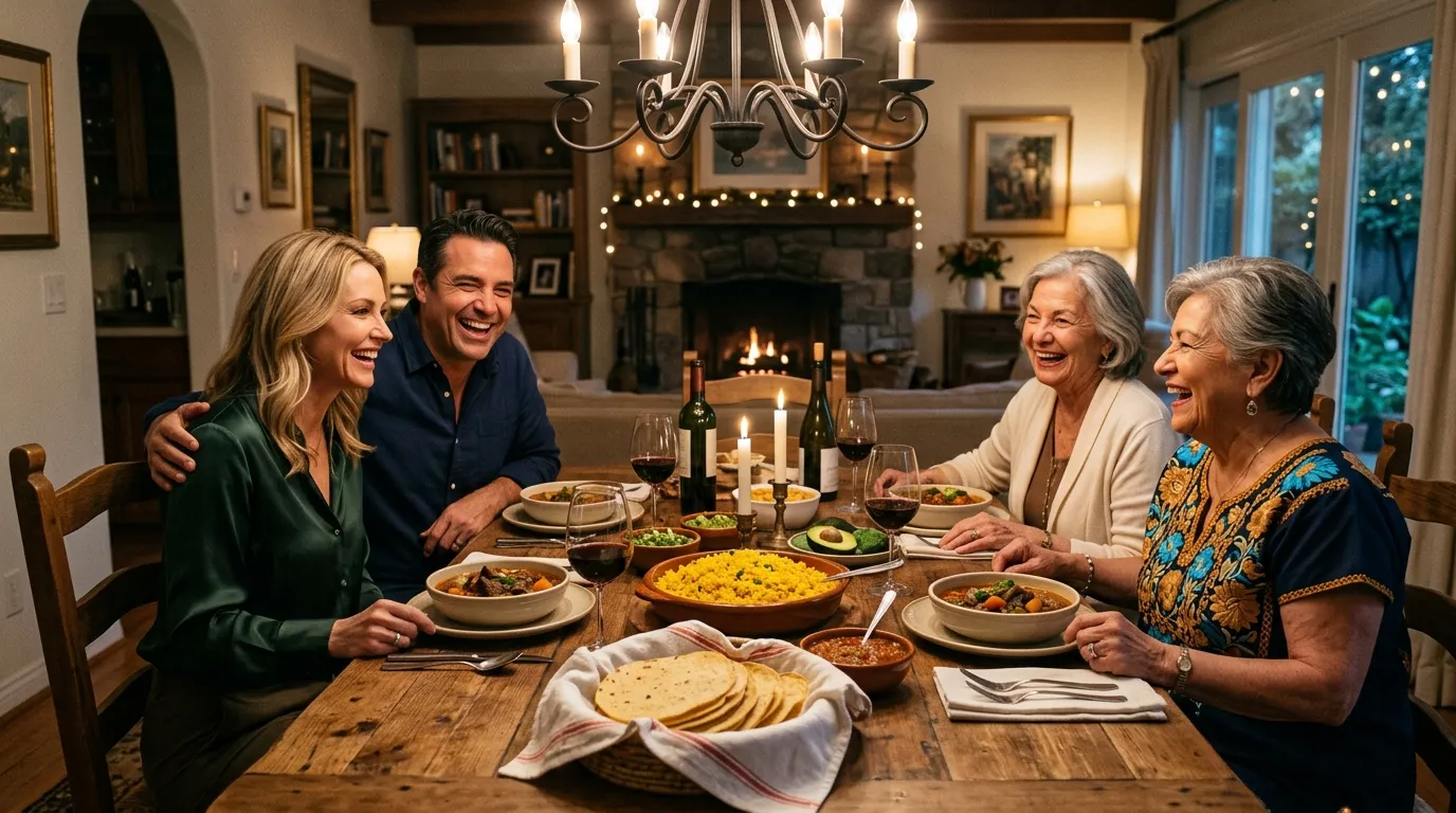 Diverse group of people enjoying a warm family dinner around a large wooden table