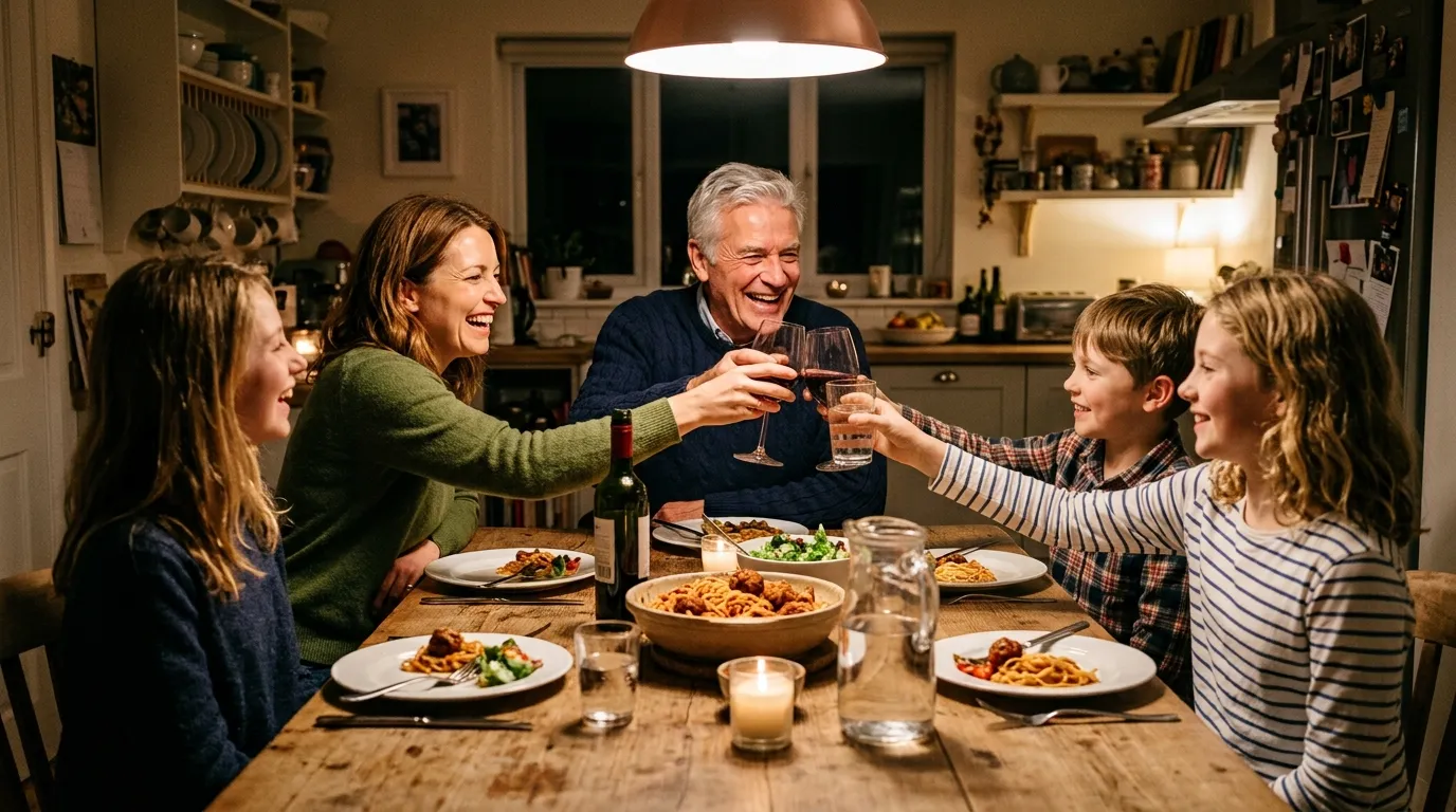 Grant Mercer, Claire, and her two children sharing a happy meal and raising their glasses together at a set dinner table