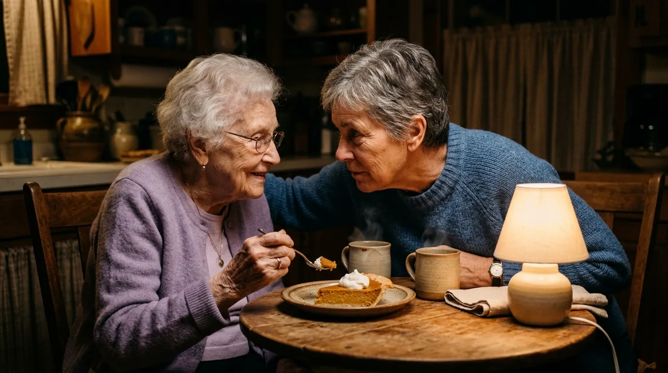 A mother and daughter eating pie at a small breakfast table, deeply engaged in conversation.