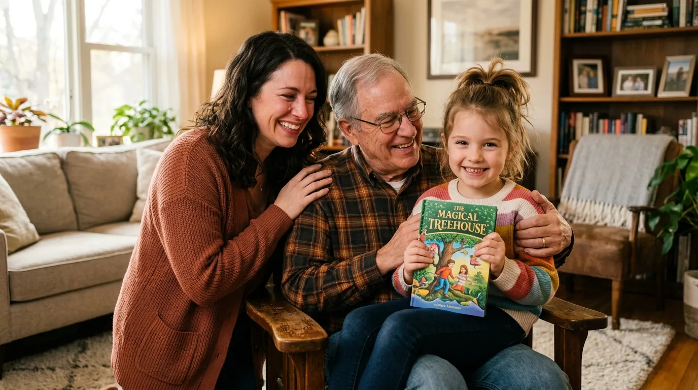 Grandpa, Mother, and Emily smiling together with a book