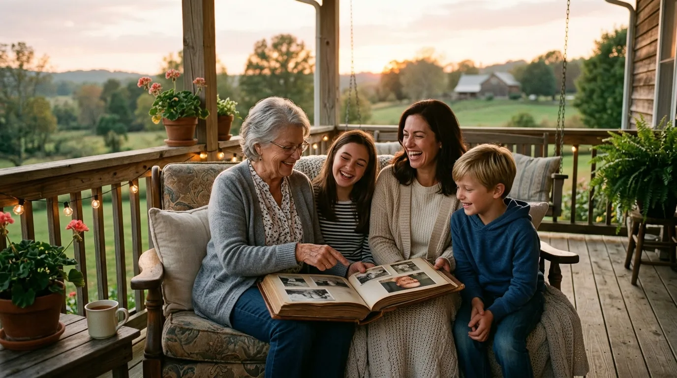 A family sitting together at sunset, looking at a photo album and laughing warmly.