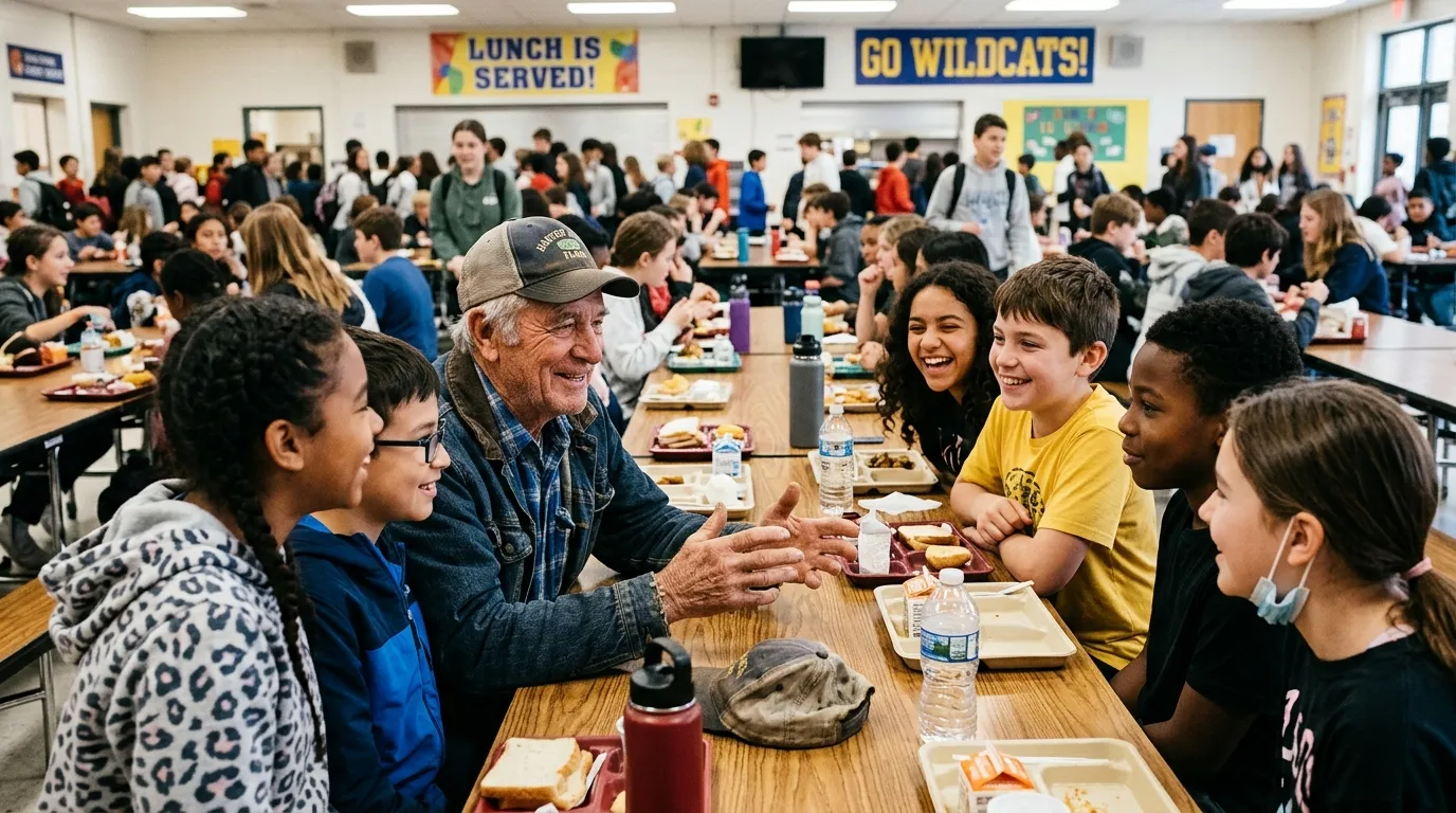 Older farmer sitting and laughing with middle school students at a cafeteria table
