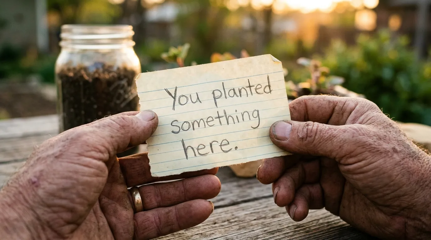 Weathered hands holding a child's handwritten note reading 'You planted something here'