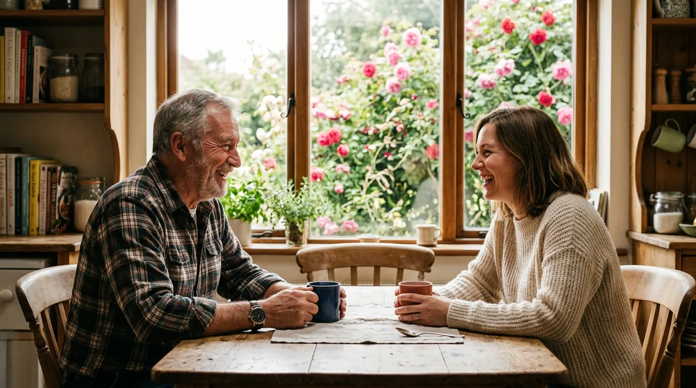 A father and daughter sitting at a kitchen table laughing over coffee
