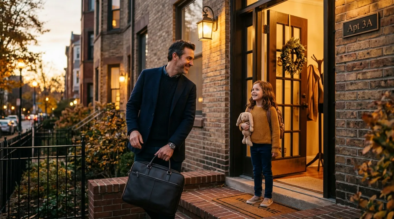 Father and daughter standing near a doorway smiling warmly at each other