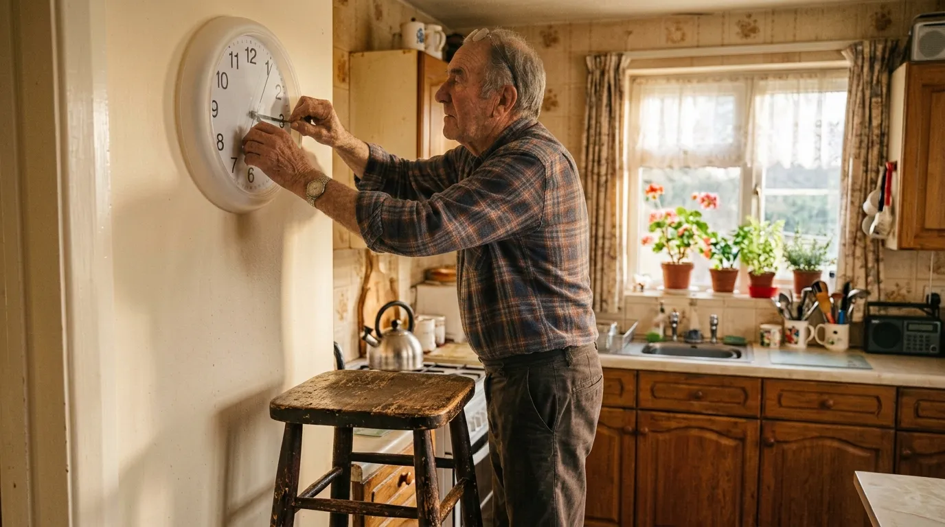 An older man standing on a kitchen stool fixing a wall clock