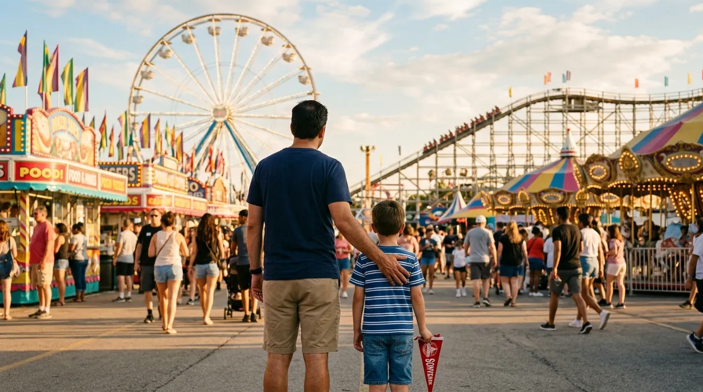 A father placing a reassuring hand on the shoulder of his young son at an amusement park.