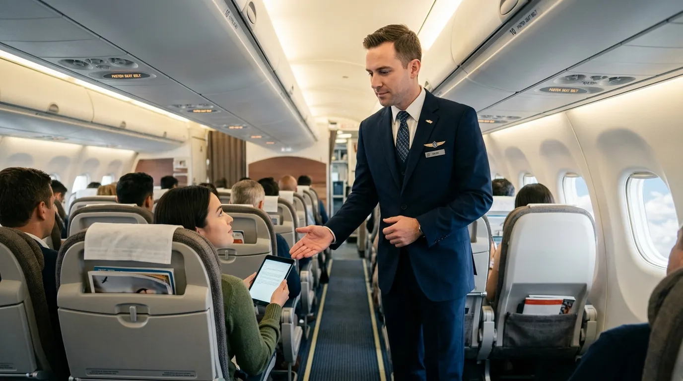 Professional flight attendant politely speaking to a passenger in an airplane aisle