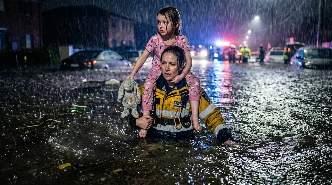 A rescue worker carrying a little girl holding a rabbit through deep floodwaters at night
