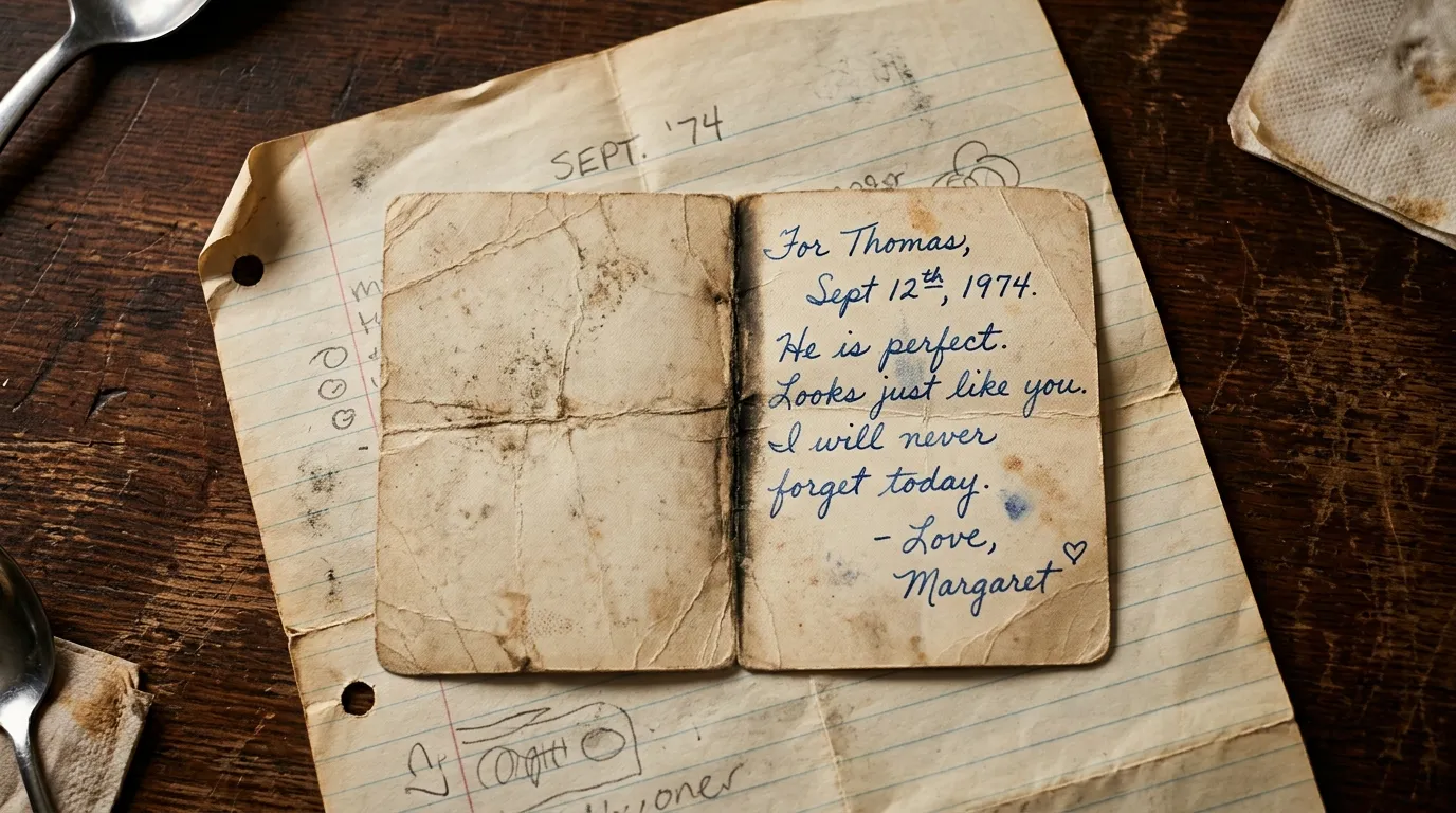 A deeply creased photograph and faded handwritten note resting on a wooden table.