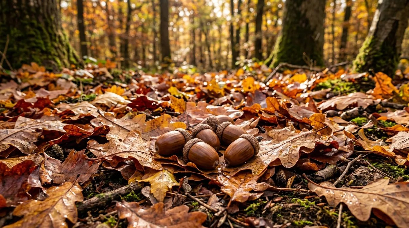 A beautiful autumn forest floor covered in fallen leaves and brown acorns.