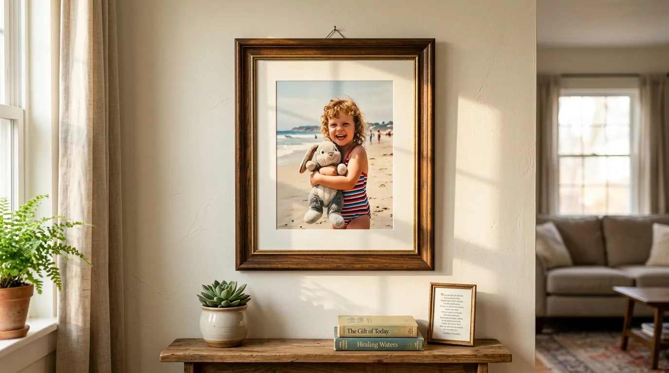 A framed photo of a little girl laughing on the beach, hanging on a sunlit wall