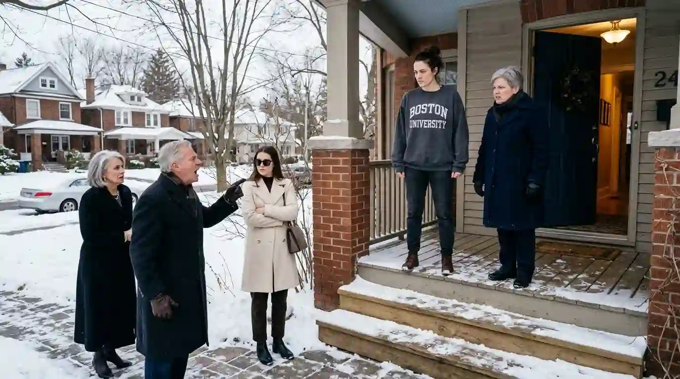 A fierce standoff on a front porch between a grieving widow, her aunt, and her wealthy, angry family