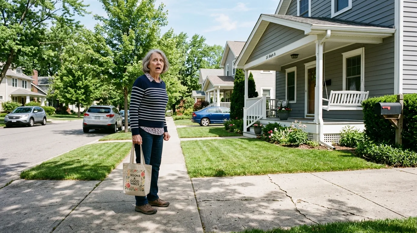 A 62-year-old woman standing frozen on a sunny sidewalk, looking at a neat gray house.