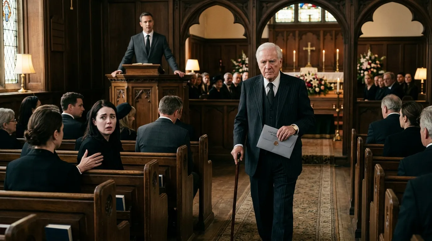A white-haired lawyer holding an envelope interrupts a tense funeral service