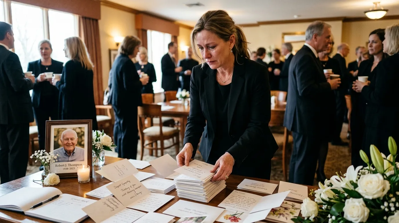A grieving woman in black arranging sympathy cards on a table