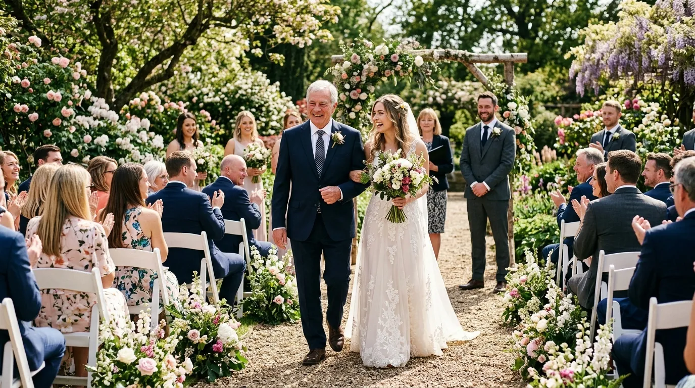 A 74-year-old man walking a beautiful bride down the aisle in a lush backyard botanical garden, toward a handsome 40-year-old groom.