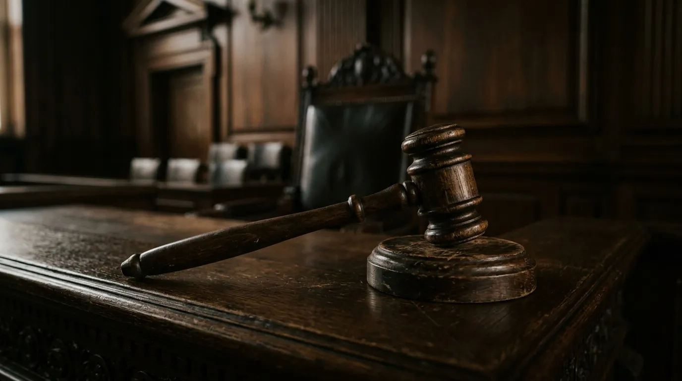 A wooden judge's gavel resting on a desk in a dimly lit courtroom