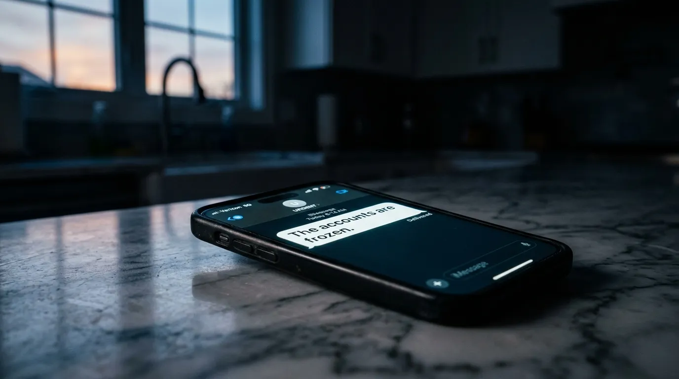 A glowing smartphone on a kitchen counter displaying a text message about frozen accounts