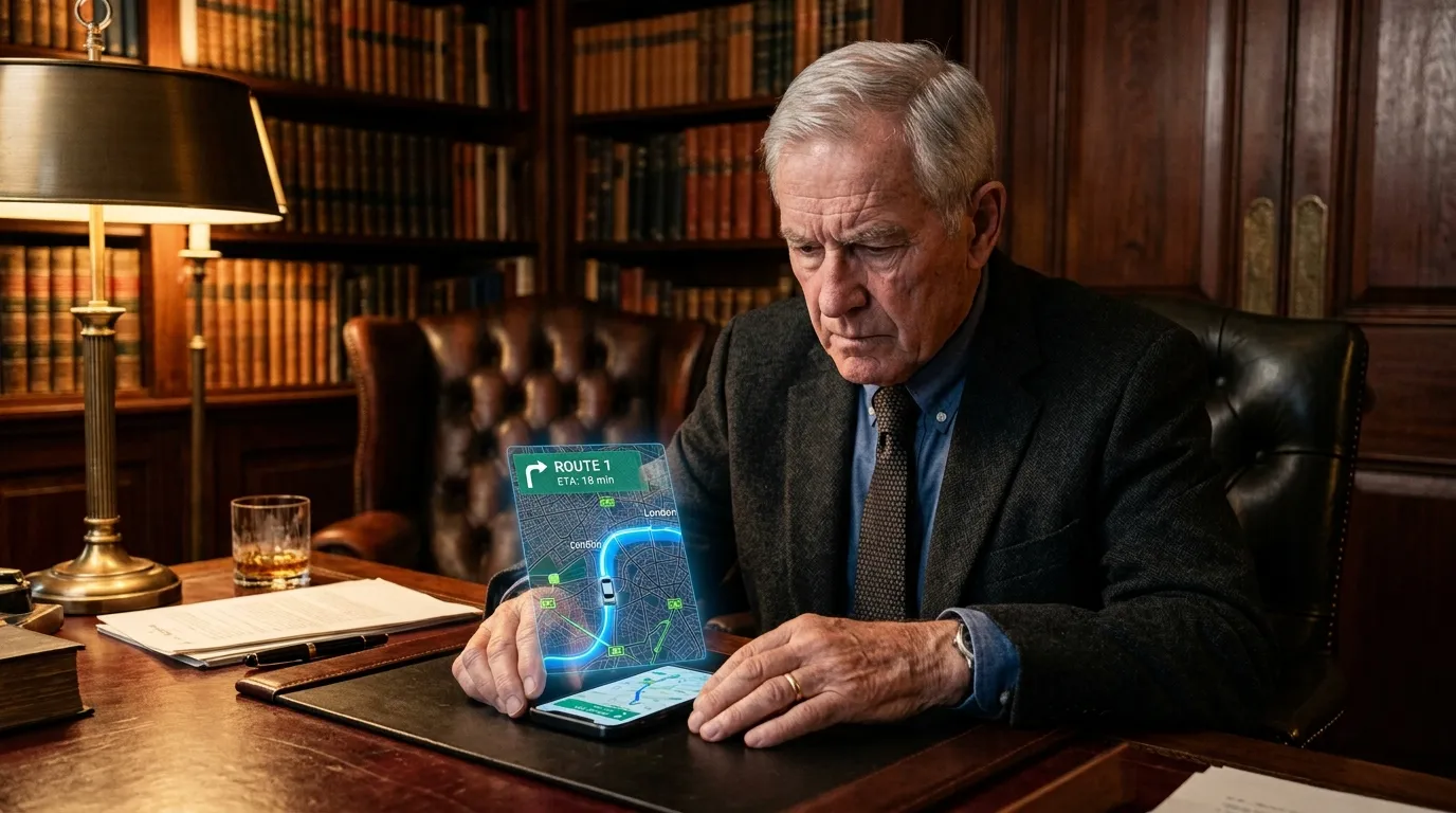 An older man sitting at a dark wood desk looking at a glowing smartphone screen showing a GPS tracking map