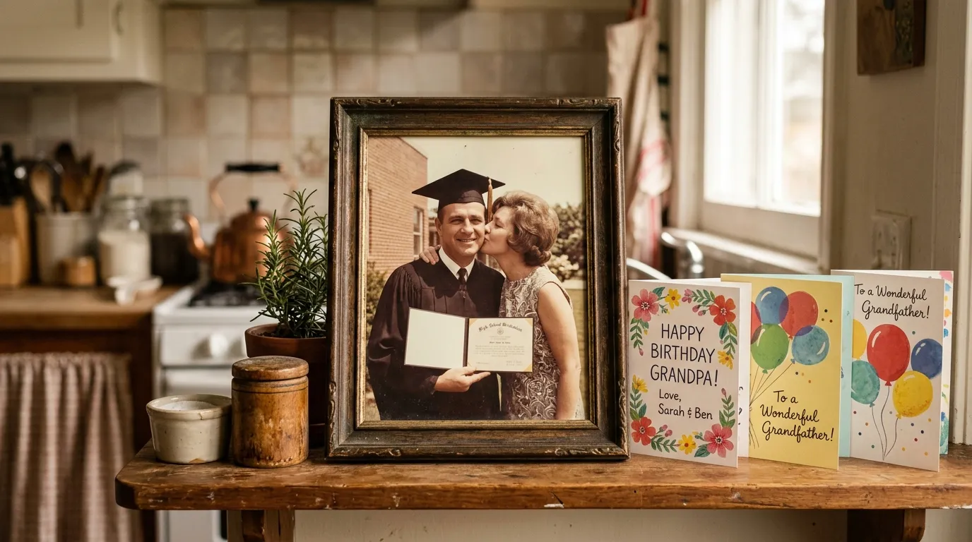 Vintage framed photo on a shelf of a 50-year-old man in a graduation cap being kissed by his wife