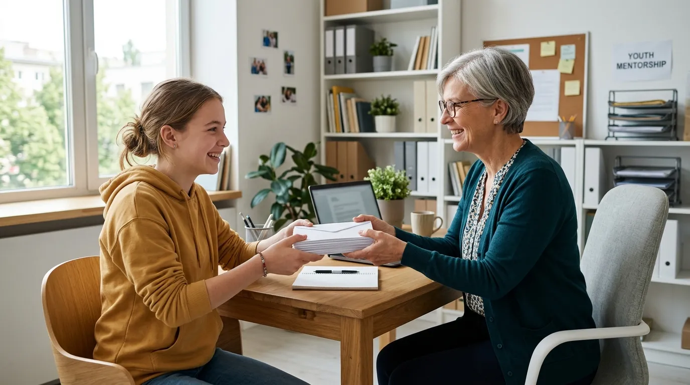 A teenage girl and an older woman sorting envelopes together in an office.