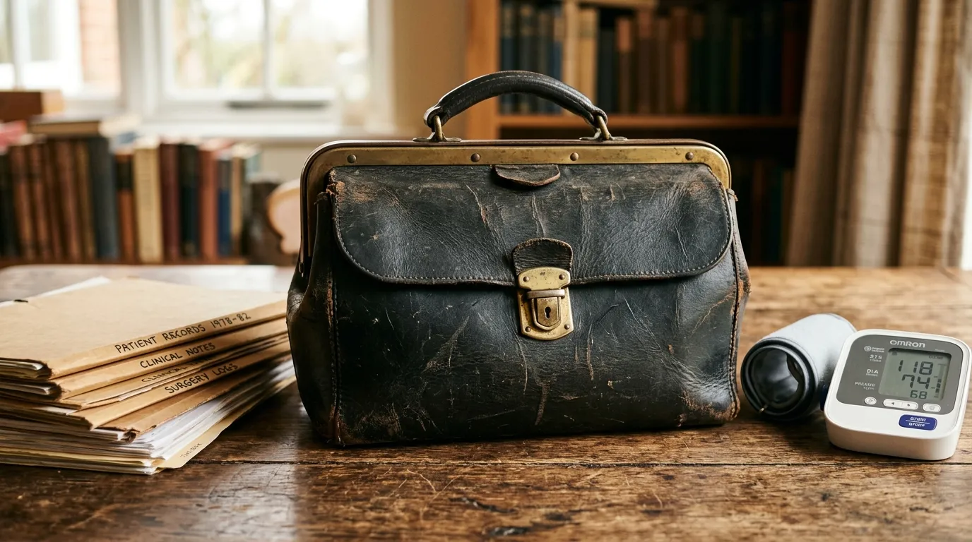 Vintage black leather doctor's bag with a crooked brass latch sitting on a wooden table