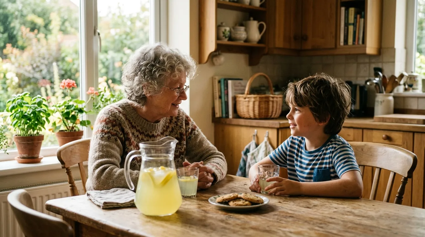 A grandmother and grandson sitting at a kitchen table with a pitcher of lemonade, having an earnest conversation.