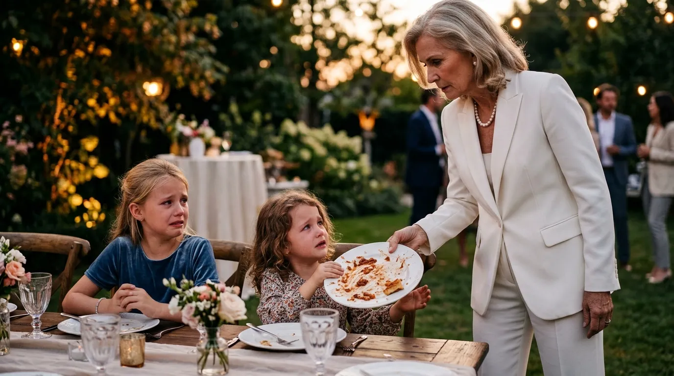 An older wealthy woman taking dinner plates away from two sad young girls at a party