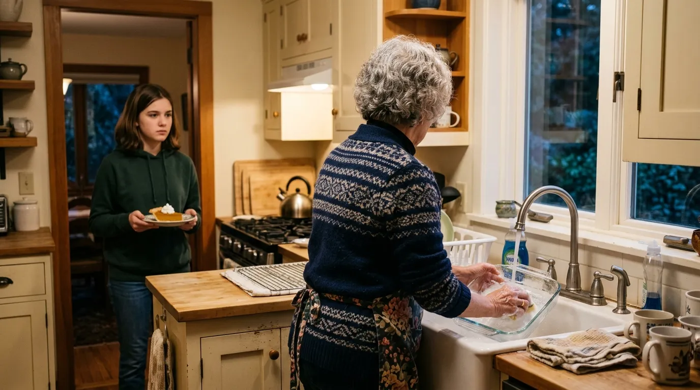A teenage girl watching her grandmother wash a clean dish at the kitchen sink.