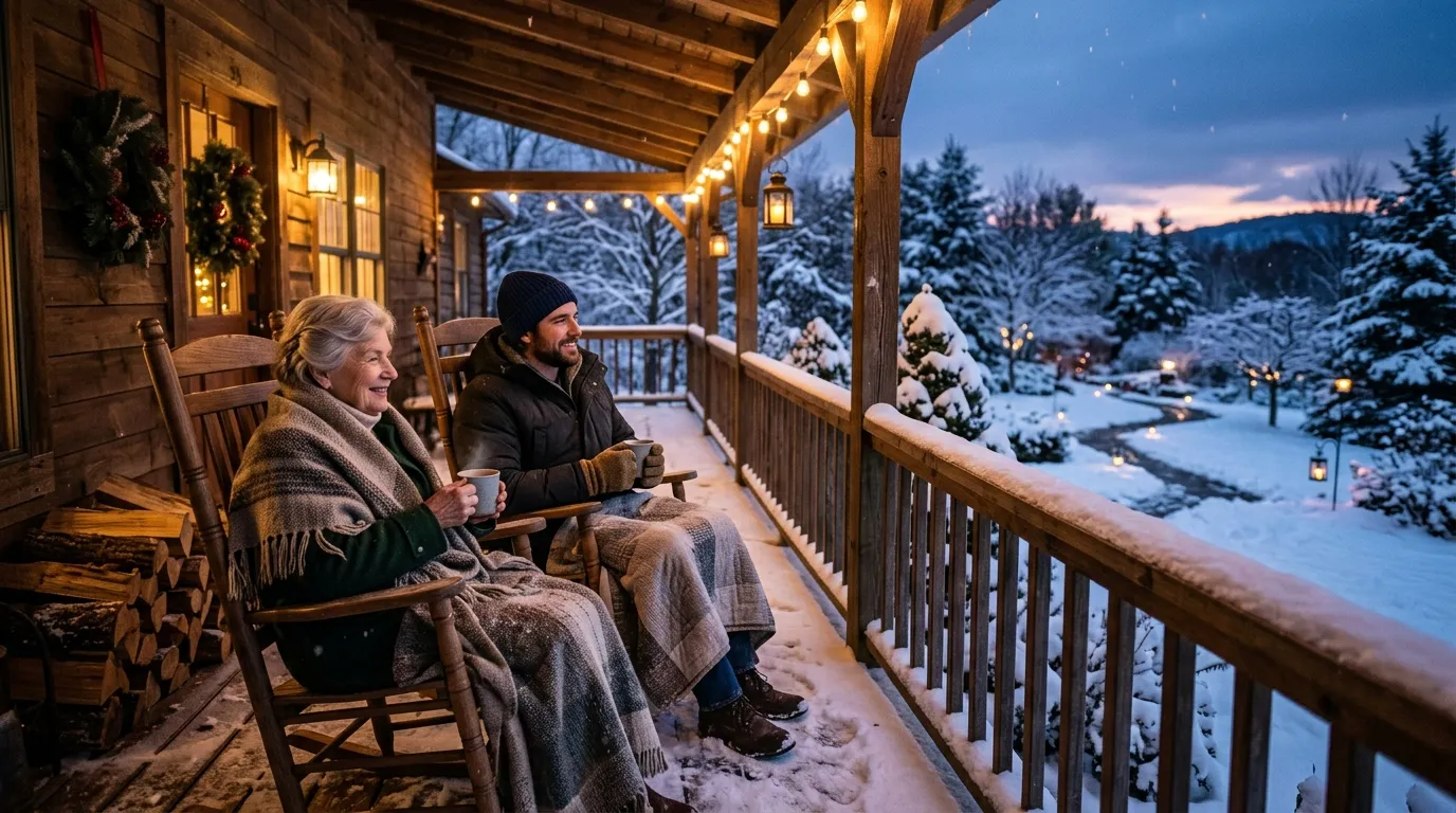 A grandmother and grandson sitting on a snowy porch looking at a garden