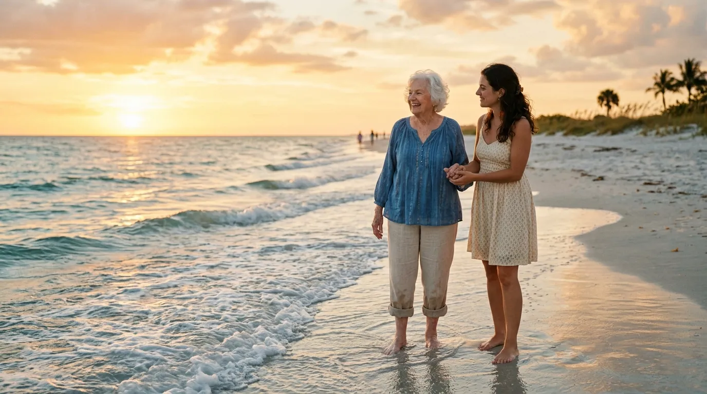 An older woman and a young woman standing barefoot in the shallow waves of a beach at sunset.