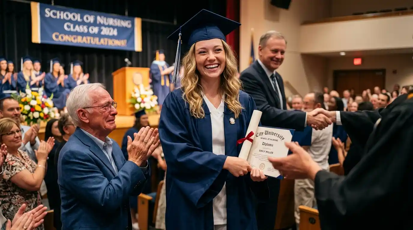 An elderly man clapping proudly in the front row as a young blonde woman graduates from nursing school