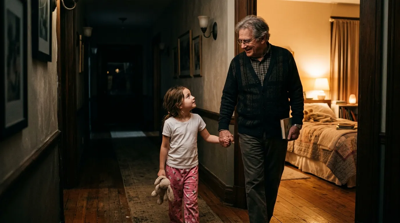 Grandpa and Emily walking into a room