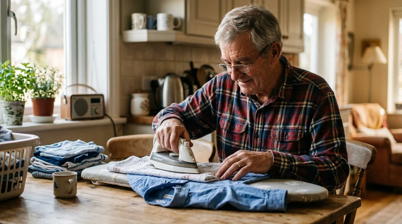Grandfather carefully ironing a boy's blue shirt with a dish towel