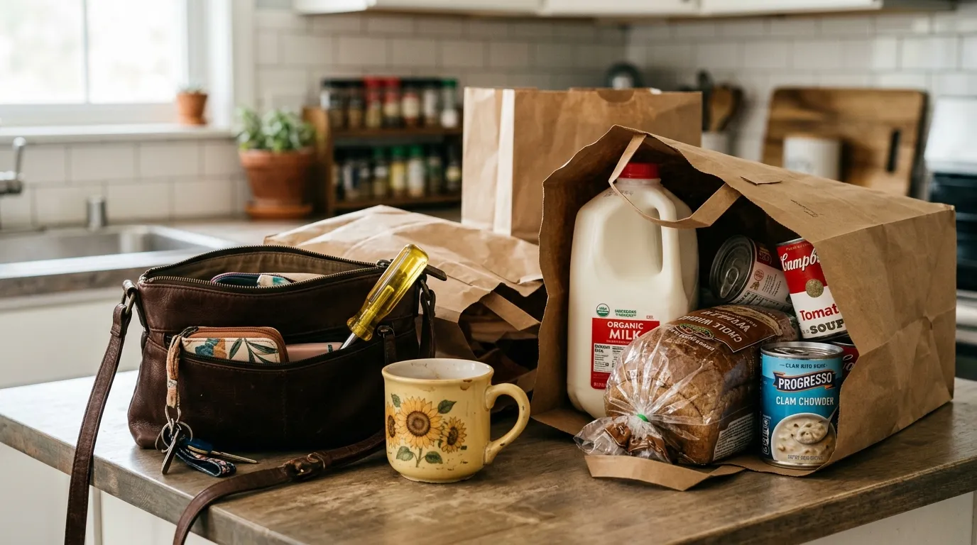 Kitchen counter with groceries, an open purse, a screwdriver, and a coffee mug