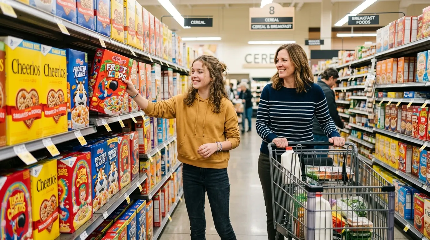 A smiling teenage girl reaching for a box of cereal in the grocery store