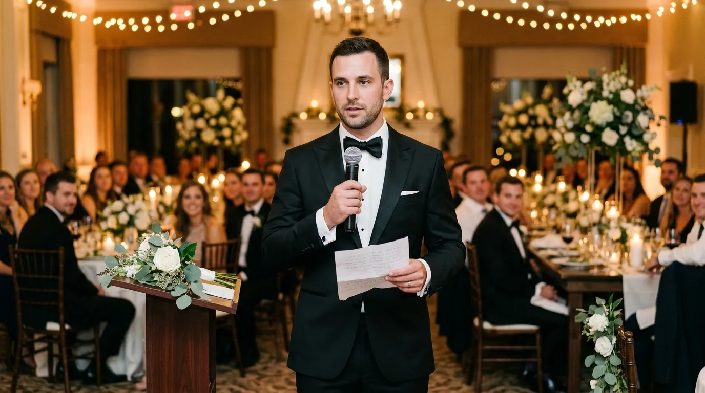 A groom in a tuxedo holding a microphone and a piece of paper, delivering a serious wedding toast.