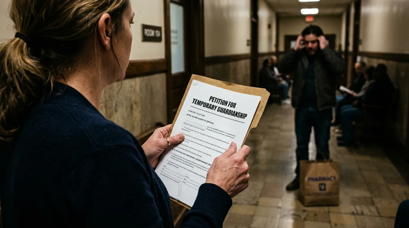 Close-up of a woman's trembling hands holding a manila folder with a legal document titled 'PETITION FOR TEMPORARY GUARDIANSHIP'. A blurred man stands in the background dropping a bag.