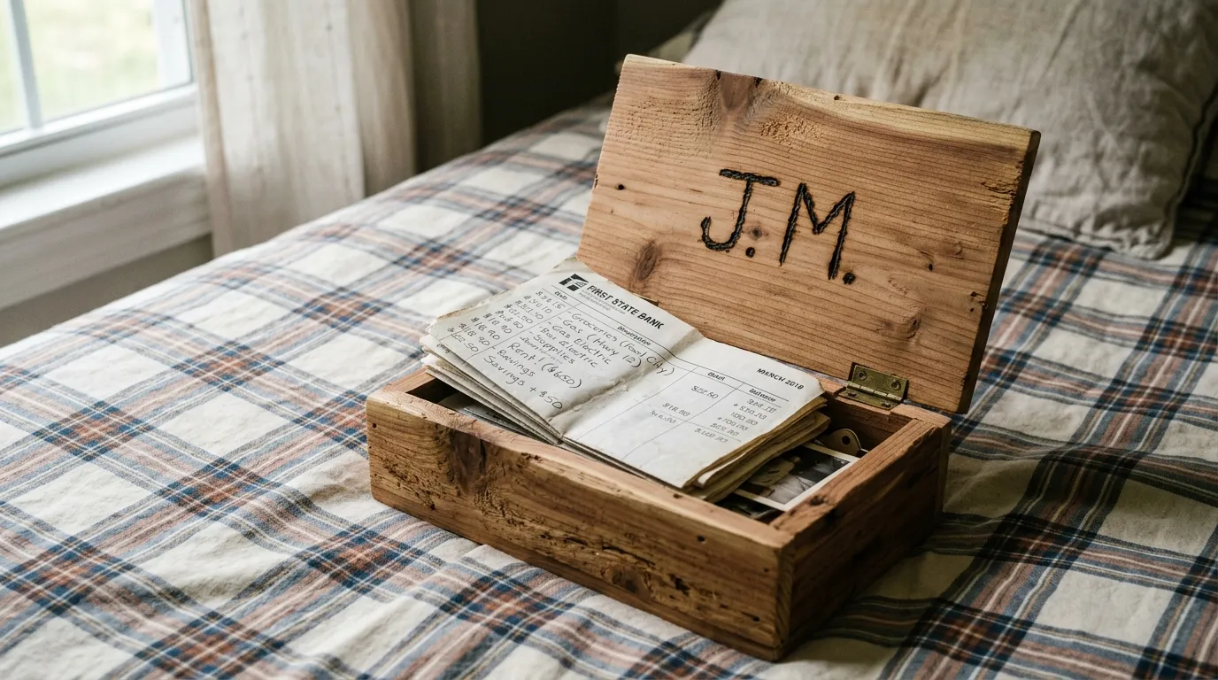 Handmade cedar wooden box with initials JM carved on the lid resting on a bed