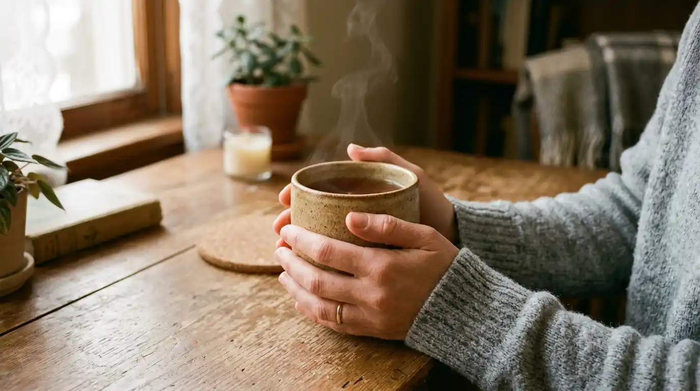 Close up of a woman's hands holding a warm mug of tea in quiet reflection