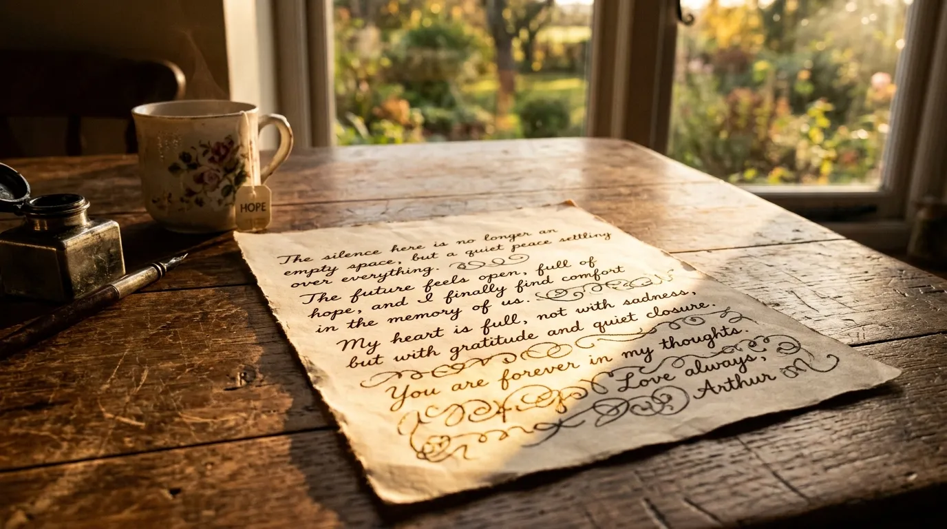 A handwritten letter resting on a wooden kitchen table, illuminated by a warm, golden beam of late afternoon sunlight.