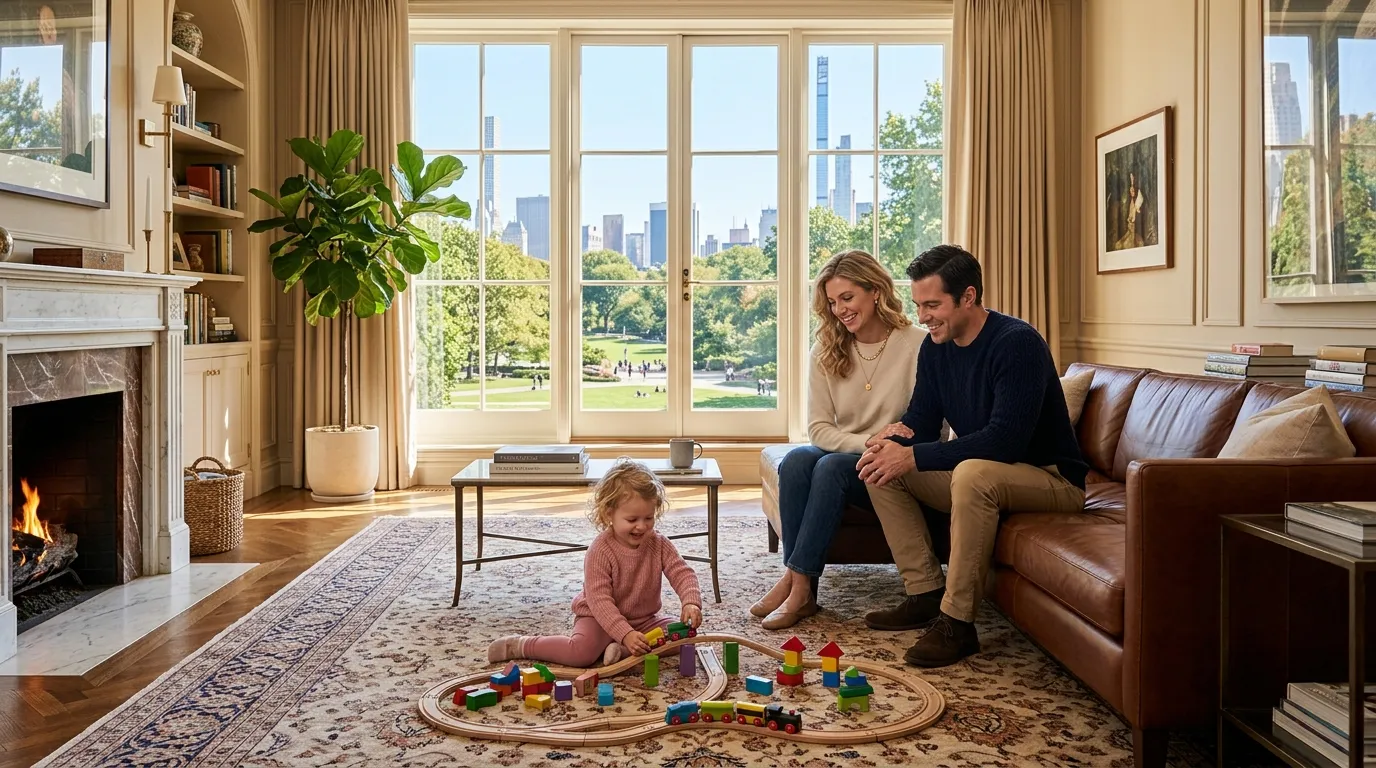A happy family playing together in a sunlit, luxurious Manhattan brownstone.