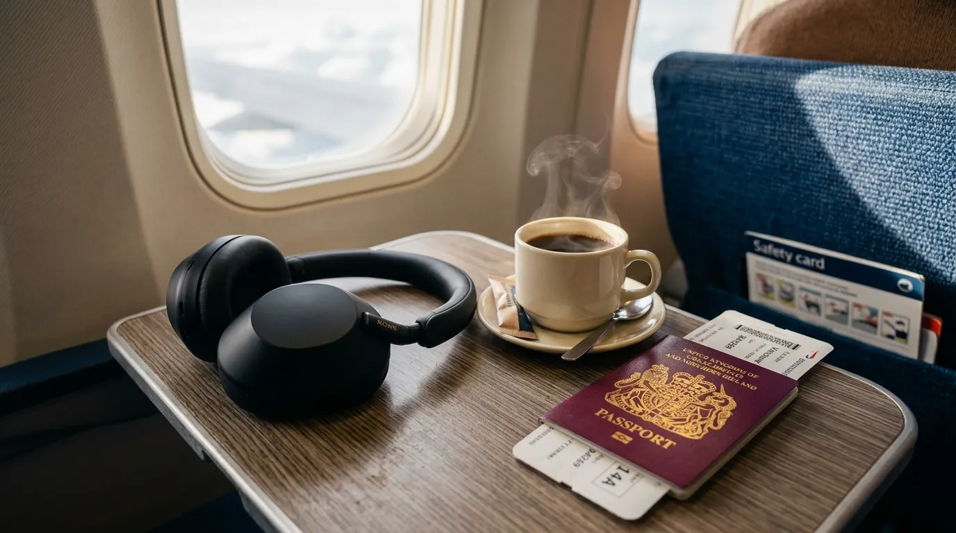 Noise-canceling headphones resting on an airplane tray table next to a coffee cup