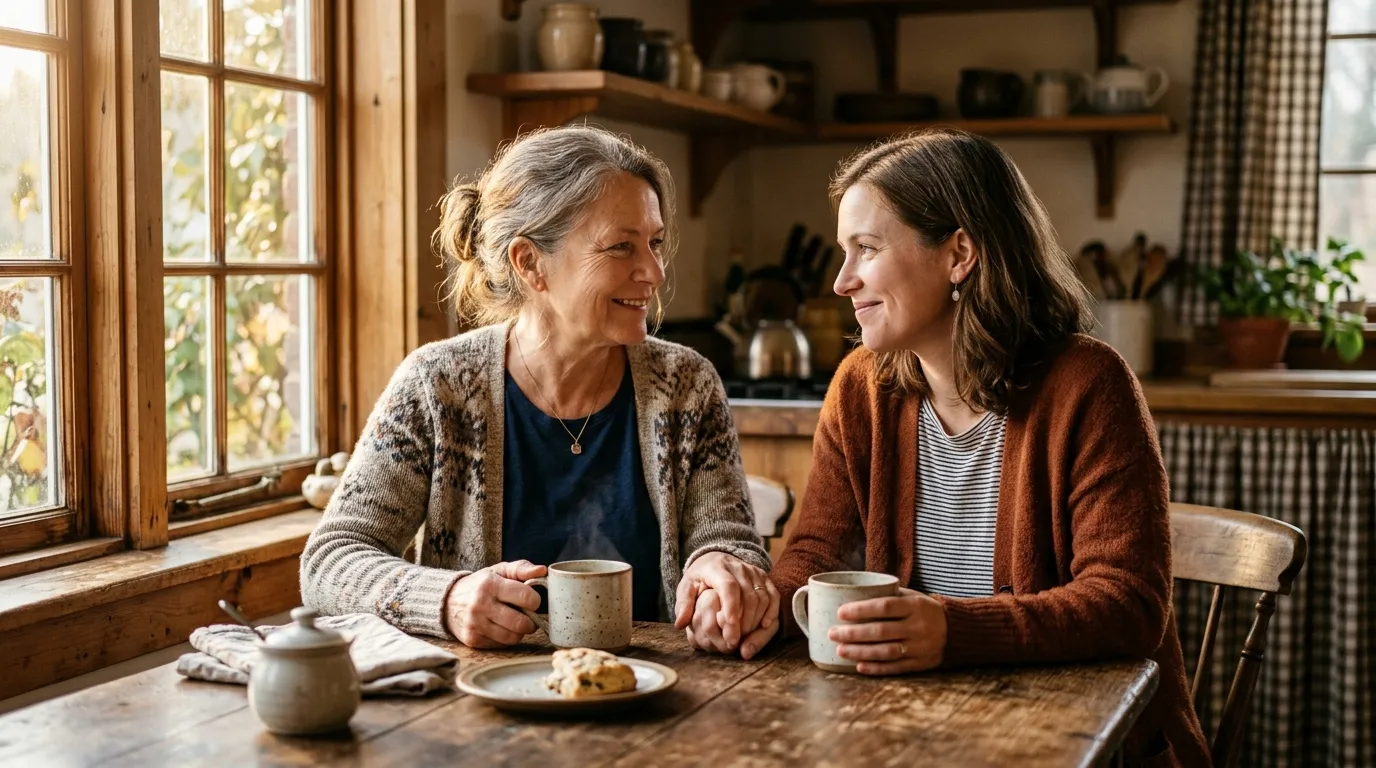 A mother and daughter sitting together at a kitchen table, drinking coffee and talking.