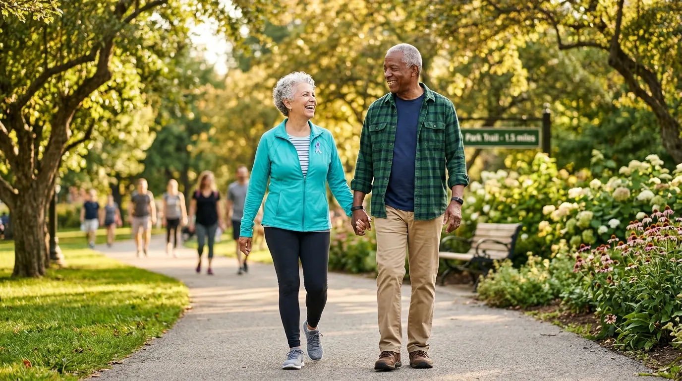Healthy, active senior couple walking happily in a sunlit park