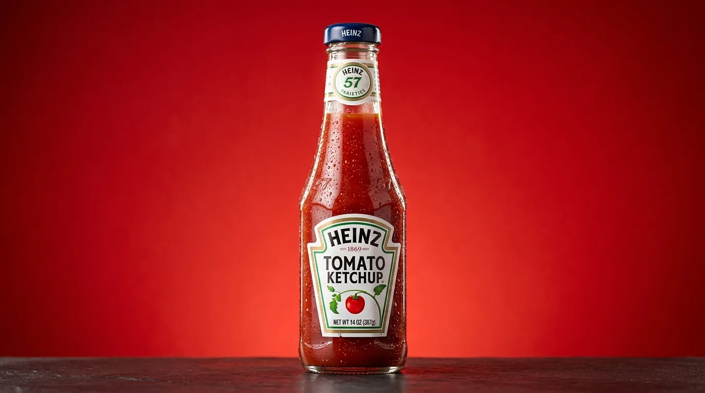 A handheld shot of a glass Heinz Ketchup bottle at a backyard cookout in the mid-1970s, with a hand tapping the embossed 57 on the neck.